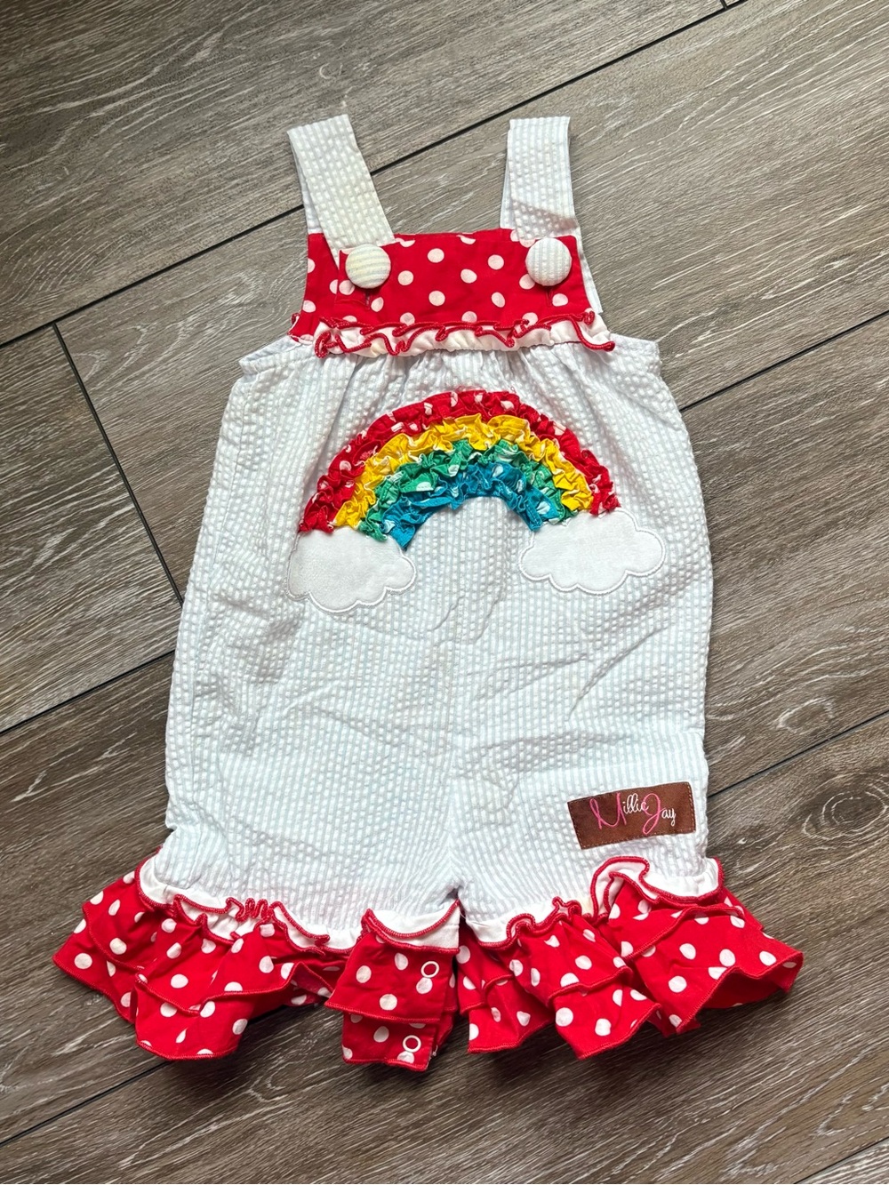 Millie Jay Seersucker Rainbow Appliqué Romper